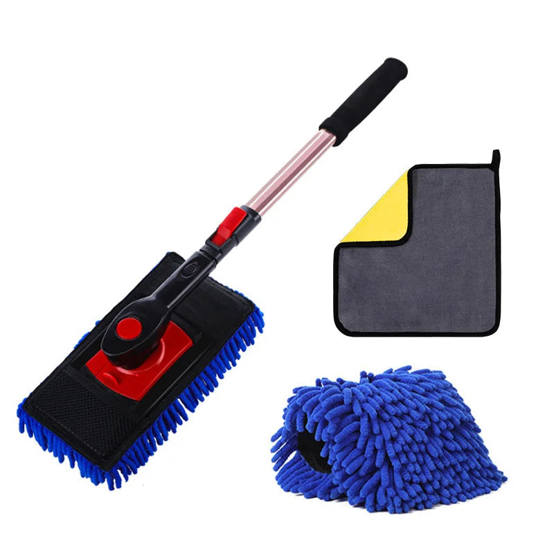 Swivel Chenille Wash Mop Kit with telescopic handle, blue chenille mop head, spare chenille cover and grey microfibre towel