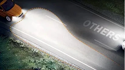 A promotional graphic for a car light beam setting, showing two technical diagrams labeled Low Beam and High Beam, plus a real road scene with a car beaming light onto the road. Large text reads 'STANDARD TANGENT SAFE DRIVING', 'LOW BEAM', 'HIGH BEAM', and 'PERFECT TANGENT'.