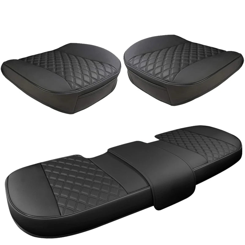 Nexura Auto black quilted leather seat cover set - front pair and rear bench cover on a white background.