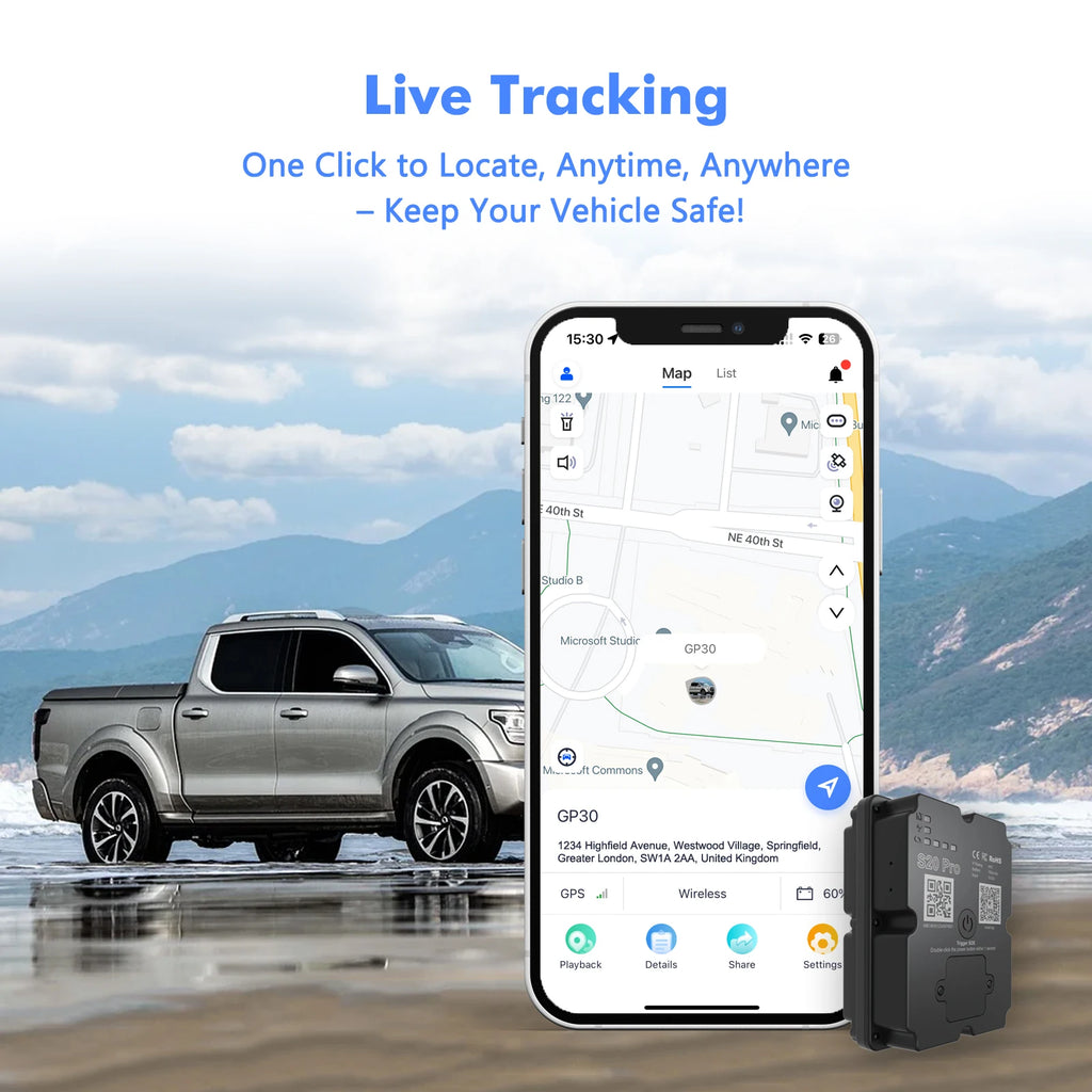 4G Magnetic GPS Tracker live tracking phone app showing a vehicle location map beside a parked ute near the coast