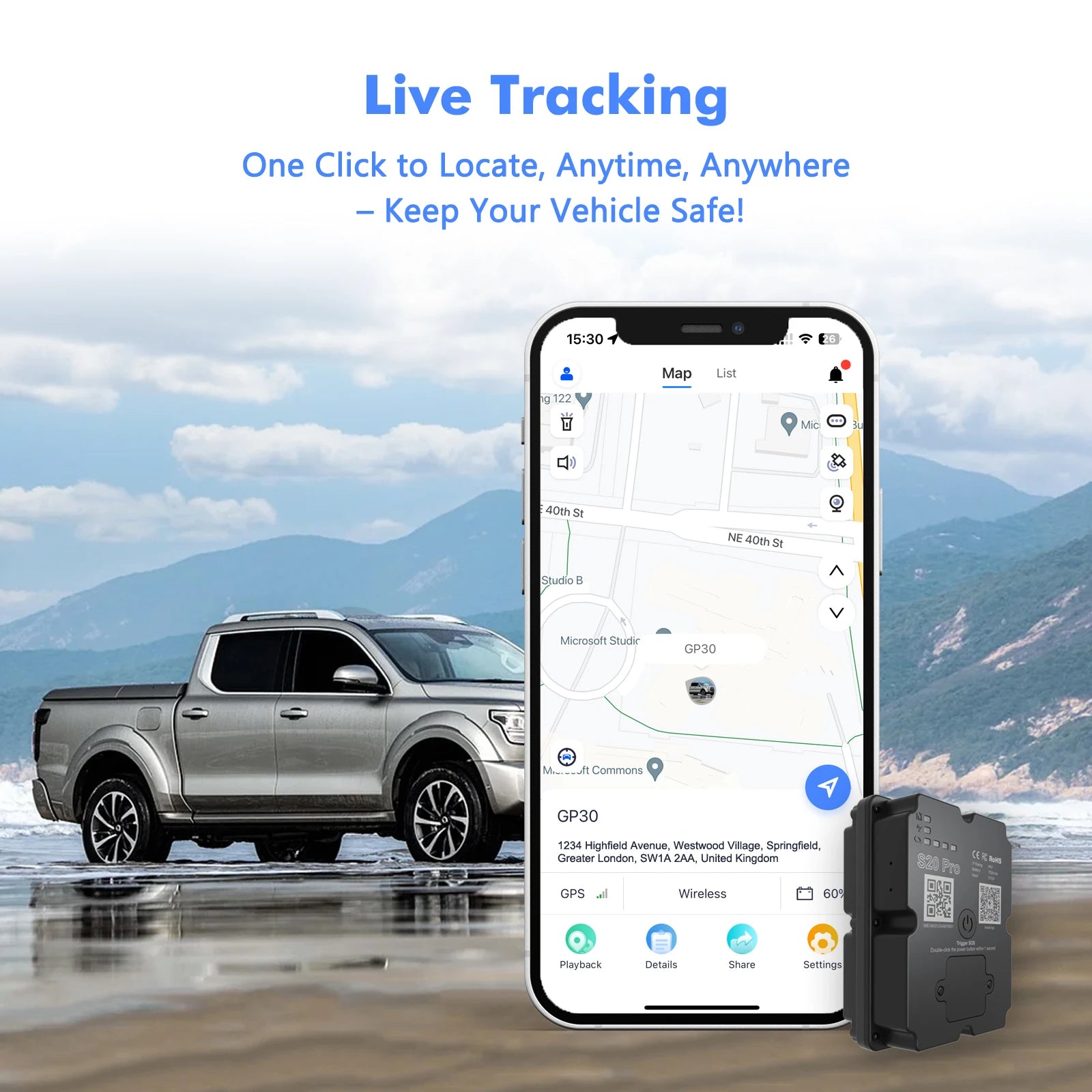 4G Magnetic GPS Tracker live tracking phone app showing a vehicle location map beside a parked ute near the coast