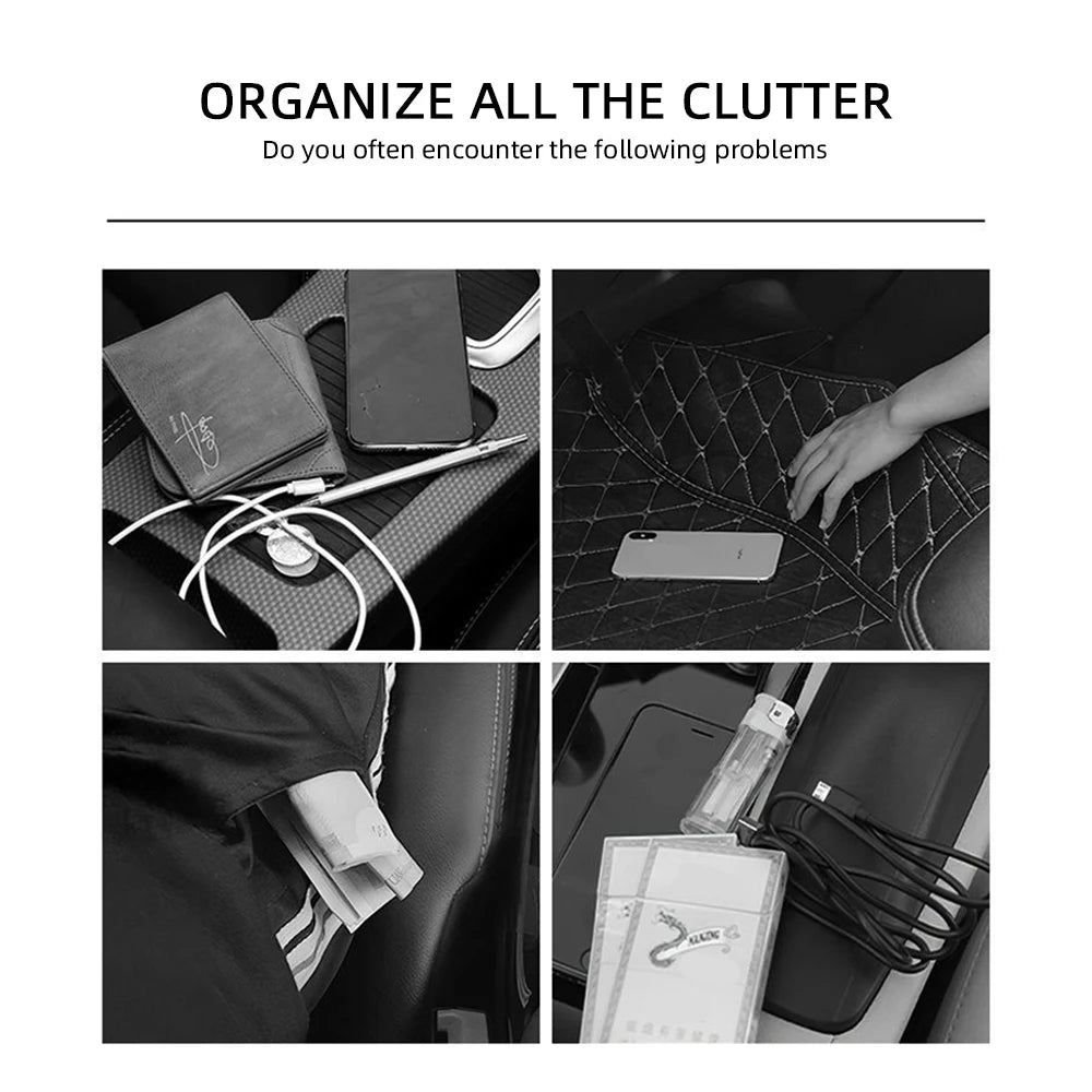 Four-panel collage showing common car clutter problems the leather seat gap organiser solves, including loose cables, floor mats, cup holders and phones.