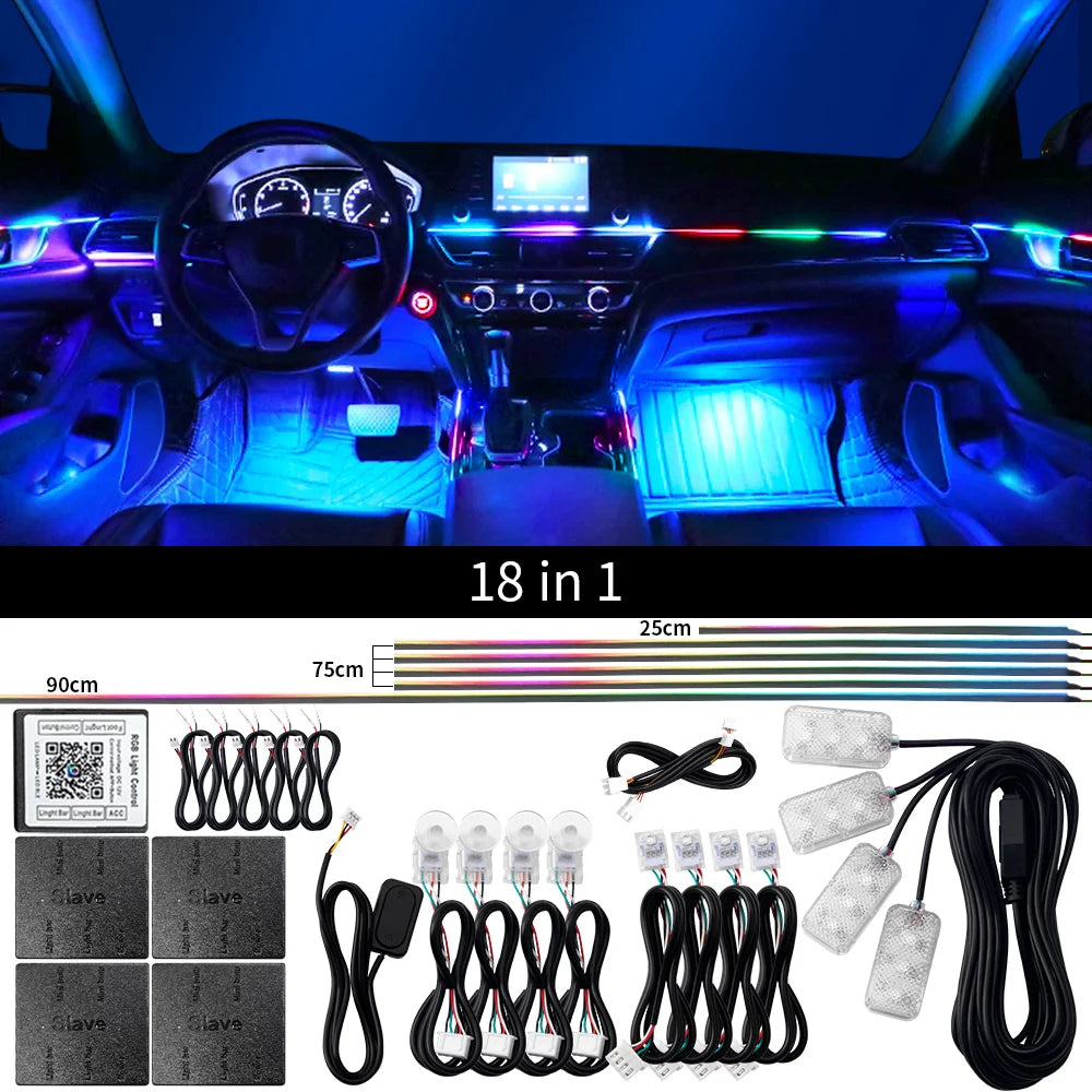 Dual-Zone Ambient Light Kit 18 in 1 version lighting a car interior blue with light strips and lamps laid out