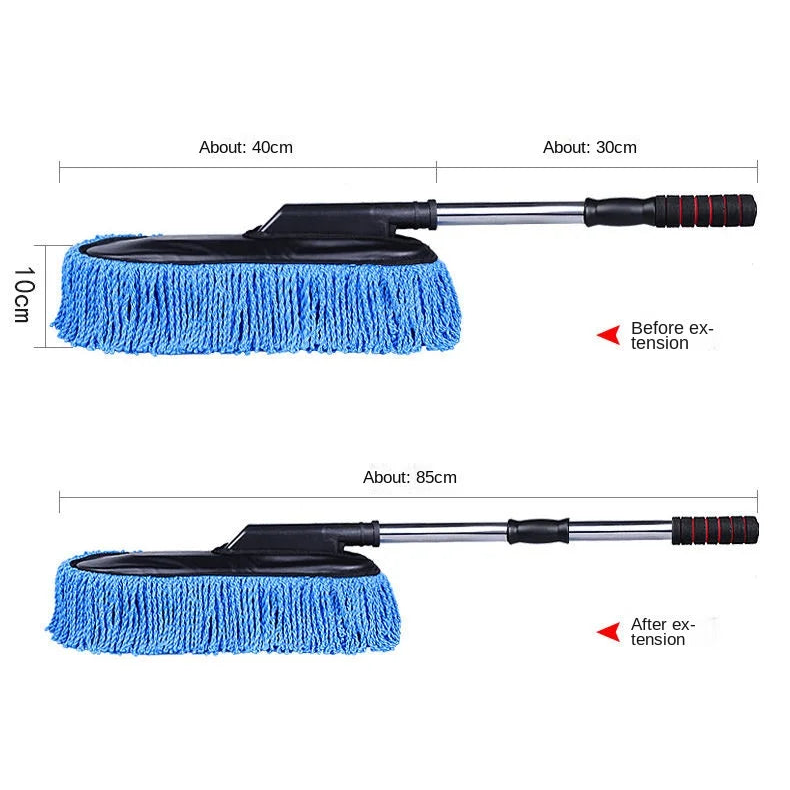 Diagram comparing the microfibre wash brush mop length before and after telescopic pole extension
