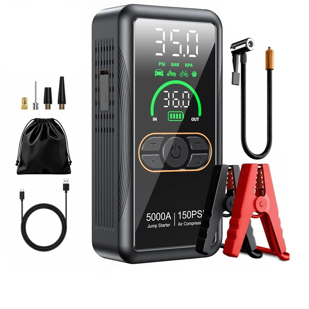 Pro Jump Starter & Inflator 5000A 150 PSI with digital display, jumper clamps, air hose, nozzles, USB-C cable and storage pouch