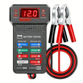 Digital battery and alternator tester with LED voltage display and red and black battery clamps
