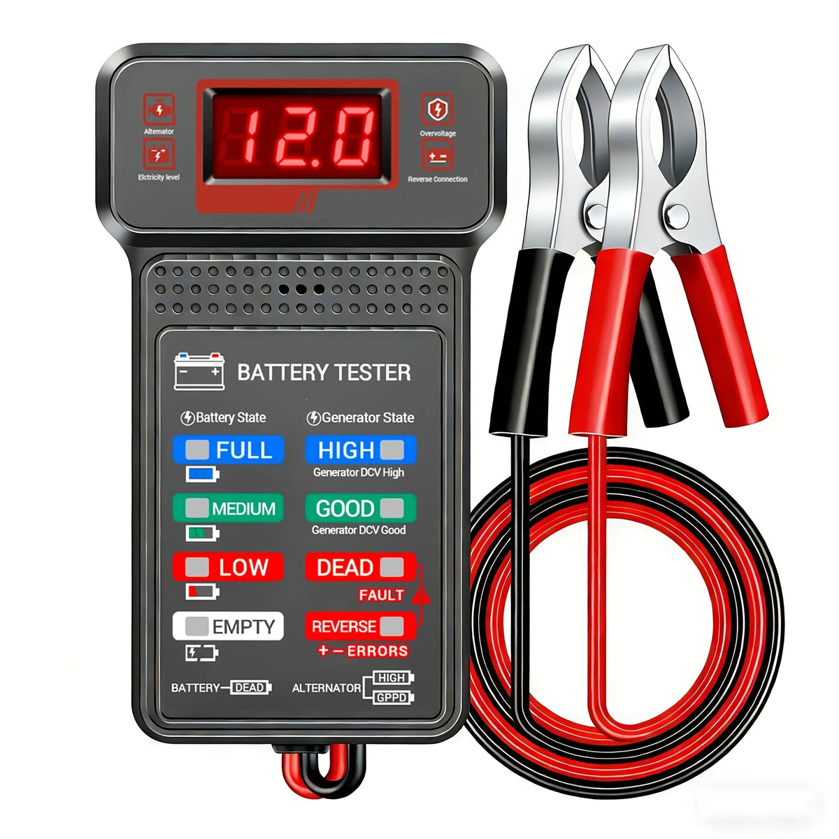 Digital battery and alternator tester with LED voltage display and red and black battery clamps