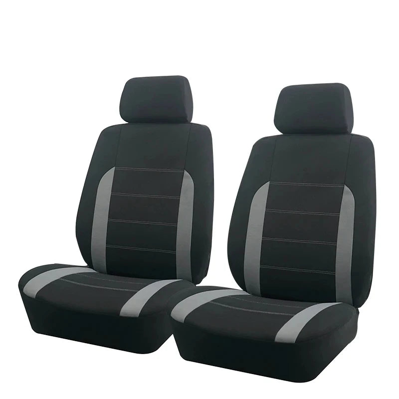 Universal Car Seat Covers in black and grey two-tone fabric fitted to a front seat pair