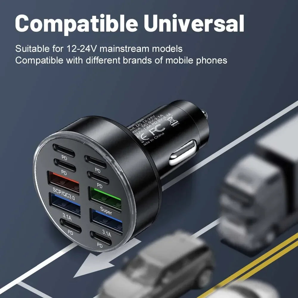 10-Port Fast Car Charger angled view on a road background noting 12 to 24 volt vehicle compatibility