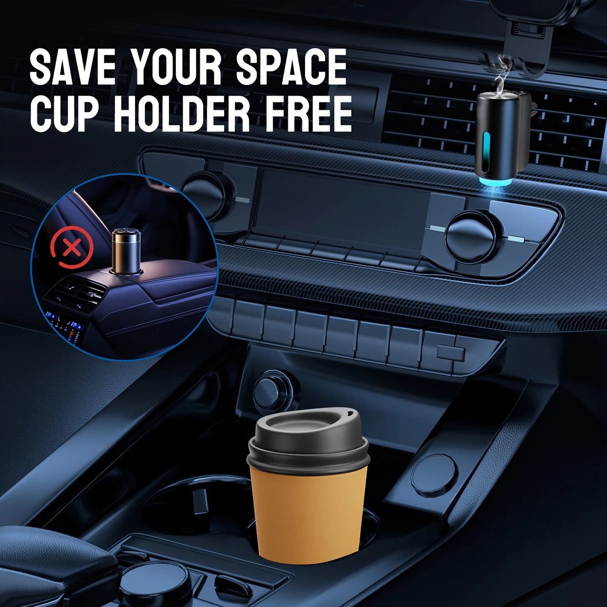 Smart Vent Aroma Diffuser clipped to a dashboard air vent, keeping the car cup holder free for a coffee cup