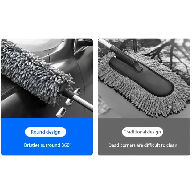 Twin Microfibre Detail Duster round 360 degree bristle design compared with a traditional flat car duster