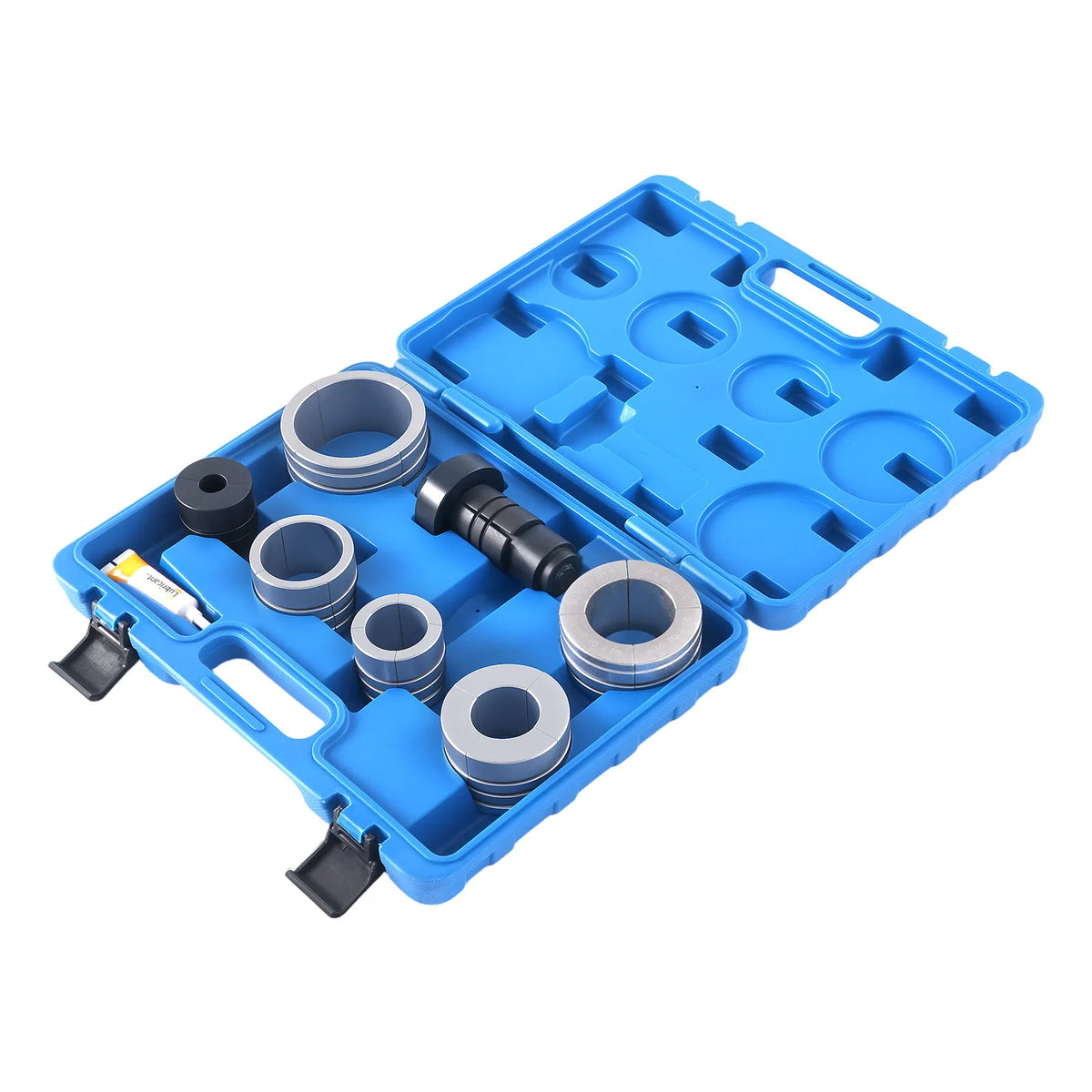 Exhaust Pipe Expander Kit open blue moulded carry case with expander rings, mandrel and lubricant stored in fitted slots