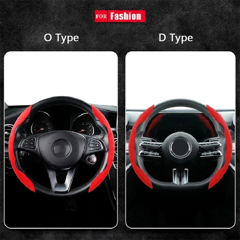Suede Car Steering Wheel Cover fitment guide comparing O-Type round wheels and D-Type flat-bottom wheels