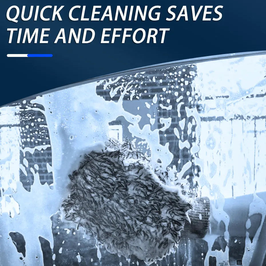 Foamy microfibre car wash mitt wiping suds off a car windscreen for quick, effortless cleaning