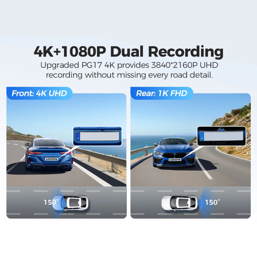 Voice-Control 4K Mirror Dash Cam front 4K and rear 1080P dual recording footage of cars on a coastal road