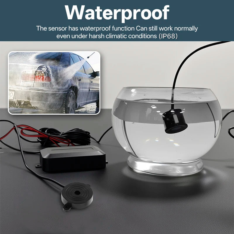 Reverse Parking Sensor Kit IP68 waterproof test showing the sensor submerged in a glass bowl of water, with an inset of a car being washed
