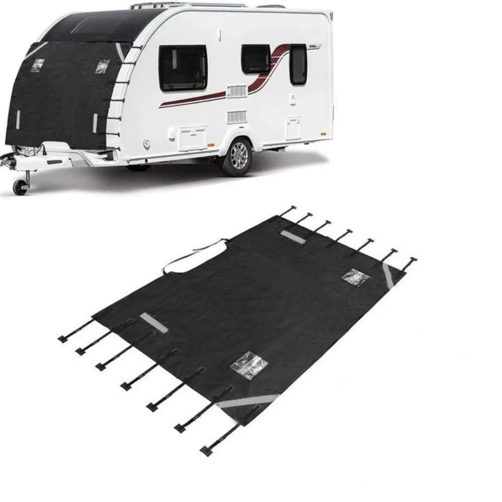 Caravan Front Towing Cover fitted to the front of a white caravan, with the black cover laid flat showing its side straps
