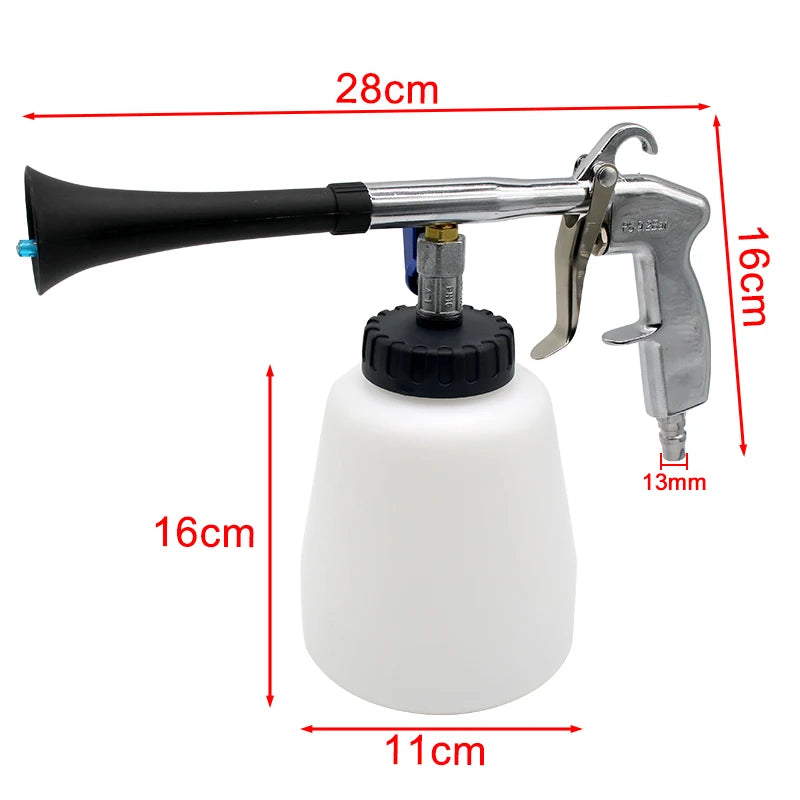 Pneumatic detail cleaning gun dimension diagram showing 28cm length, 16cm height and 11cm bottle width