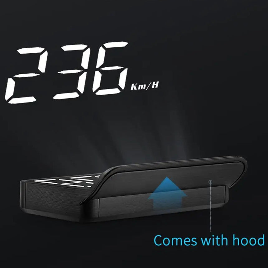 Compact OBD2 Head-Up Display projecting 236 km/h speed reading upward from its anti-glare hood on a dark background