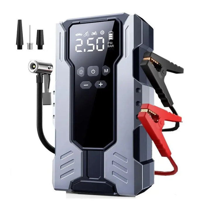 Portable lithium jump starter and tyre inflator with digital display, jumper cable clamps and inflation hose on white background
