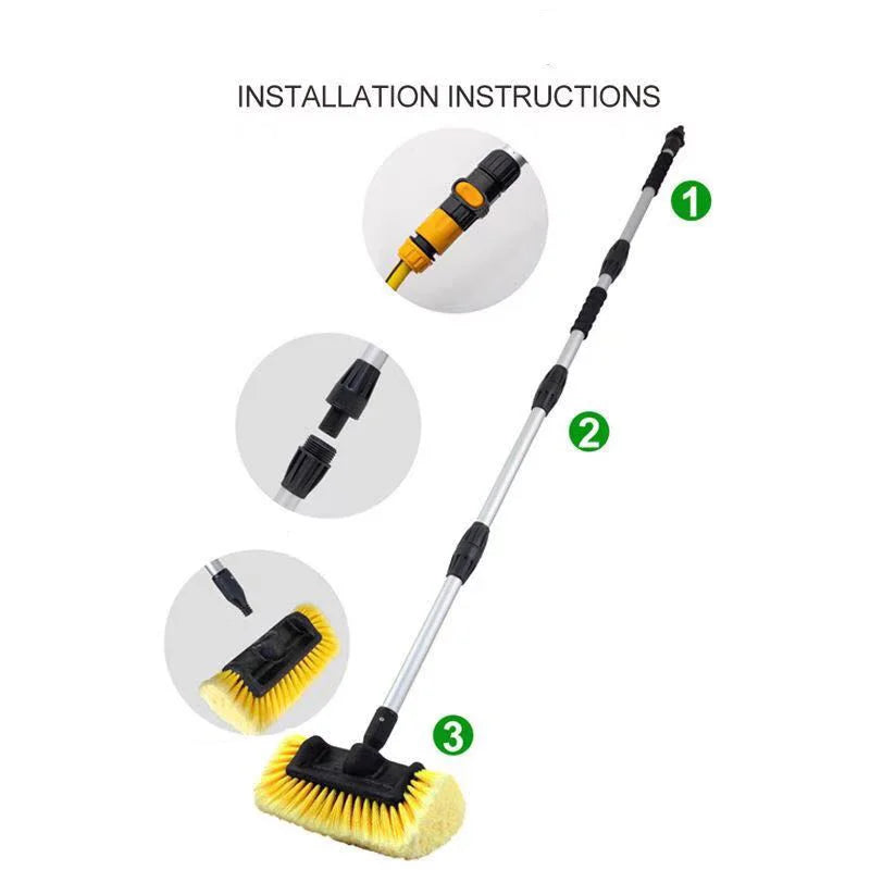 Installation instructions showing how to assemble the Telescopic Wash Brush pole and head in three steps