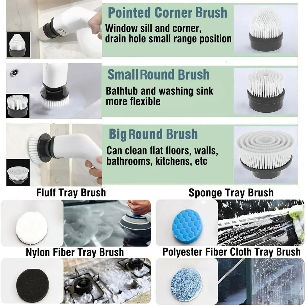Cordless Power Spin Scrubber interchangeable brush heads including corner, round, sponge and microfibre pads for car and home cleaning