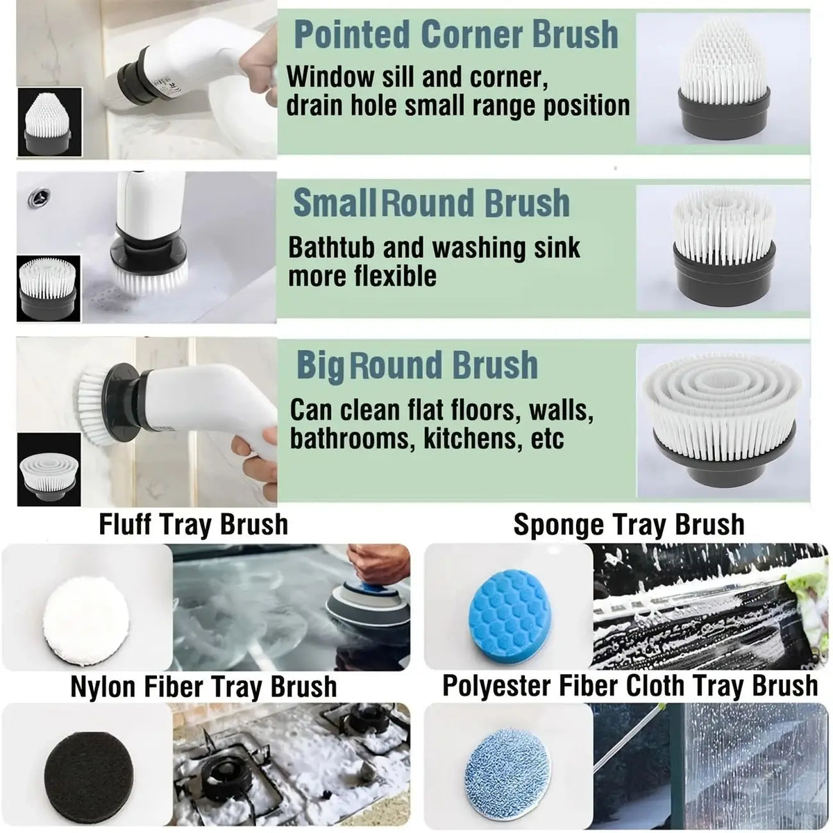 Cordless Power Spin Scrubber interchangeable brush heads including corner, round, sponge and microfibre pads for car and home cleaning