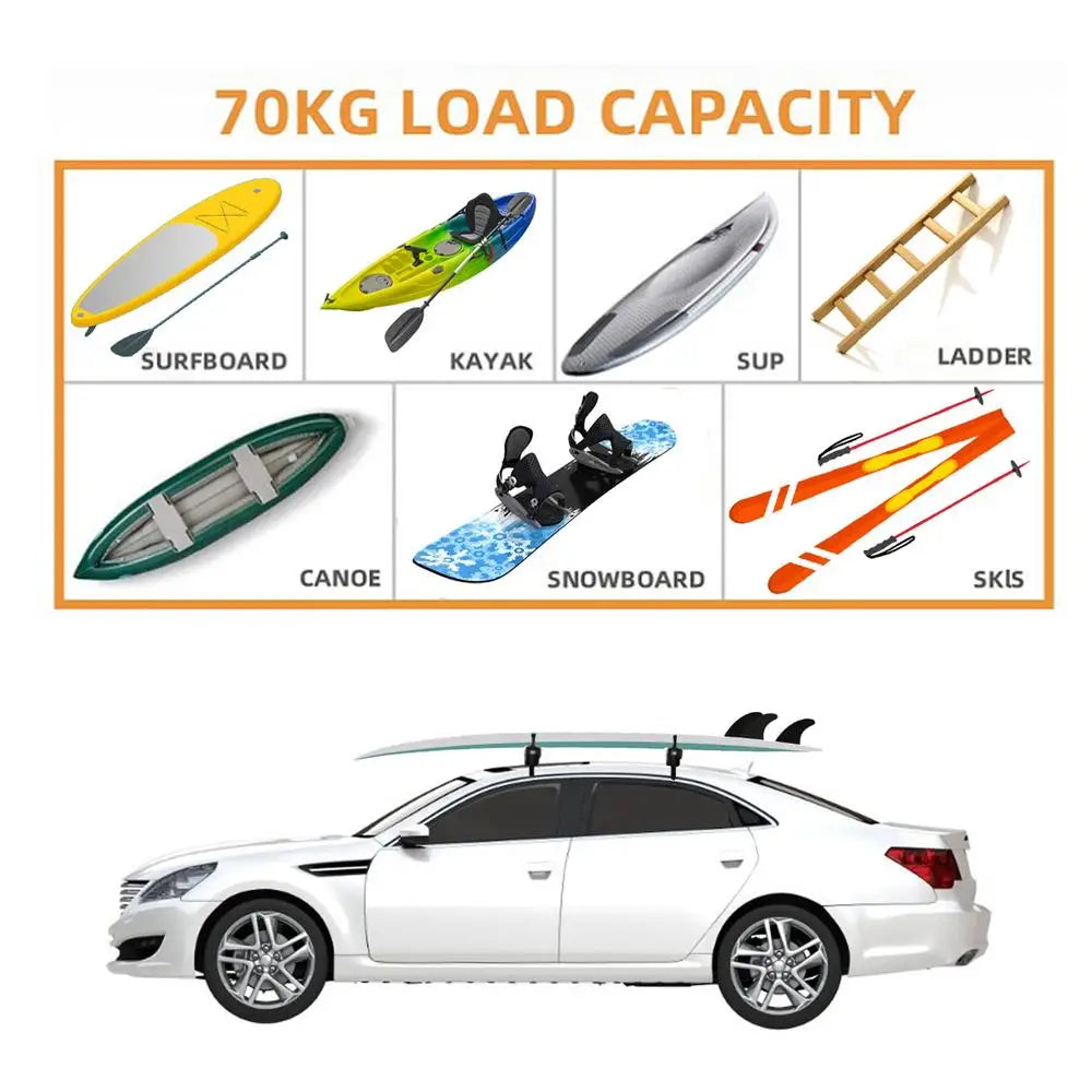 Foldable Roof Rack with a surfboard mounted on a sedan roof, rated for 70kg loads including kayaks, SUPs, ladders, canoes, snowboards and skis