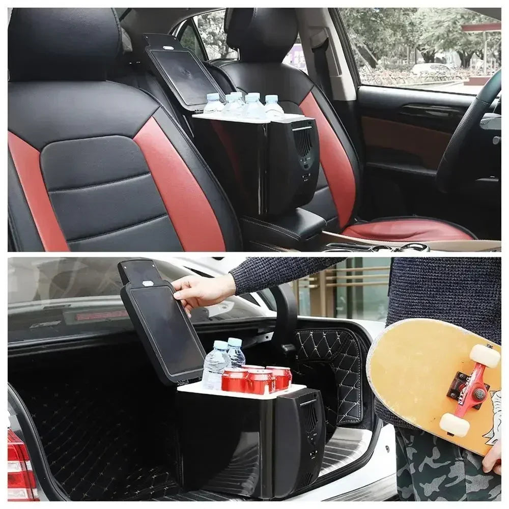 Hand reaching into open 12V Portable Car Fridge to grab fresh fruit