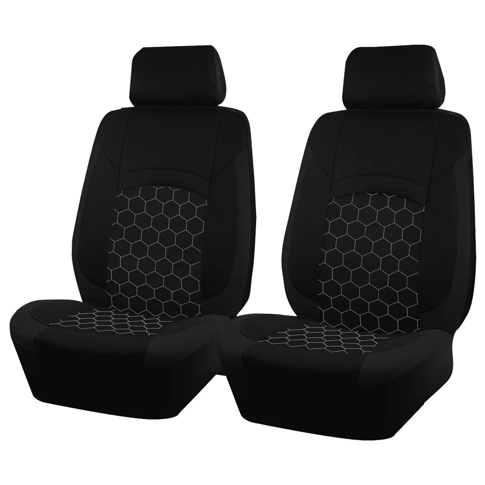 Black Football Embroidery Seat Covers for a pair of front seats on a white background