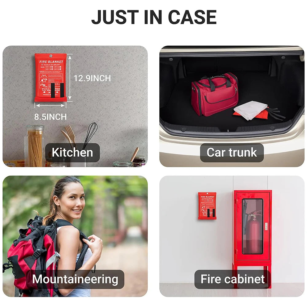 Emergency Fire Blanket shown stored in a kitchen, car trunk, hiking backpack and wall-mounted fire cabinet for quick access