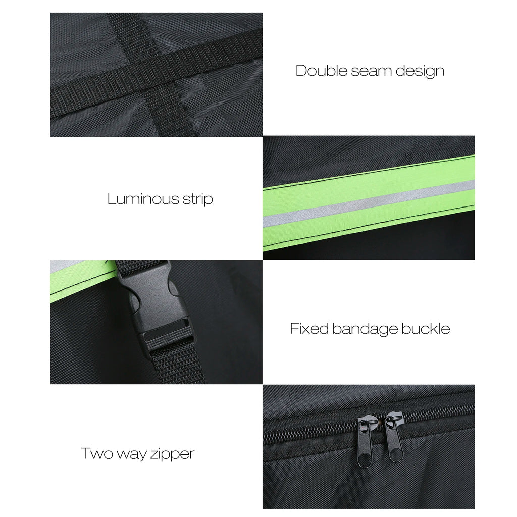 Close-up details of the waterproof roof cargo bag showing double seam stitching, reflective luminous strip, fixed bandage buckle and two-way zipper