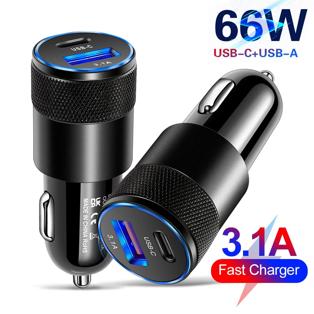 Alloy USB Car Charger pair shown with 66W USB-C and USB-A 3.1A fast charging output specification graphic