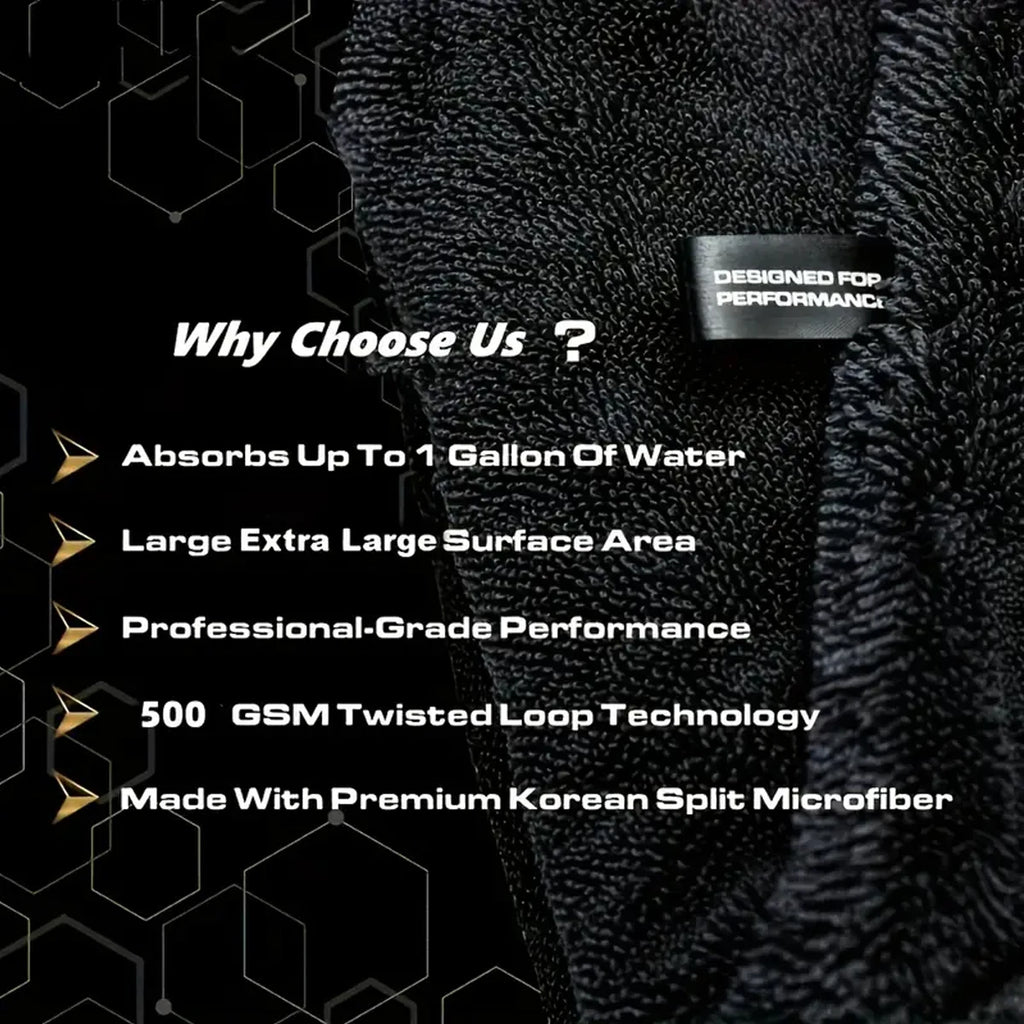 Close-up of folded microfibre car drying towel with performance label, 500 GSM twisted-loop Korean split microfiber