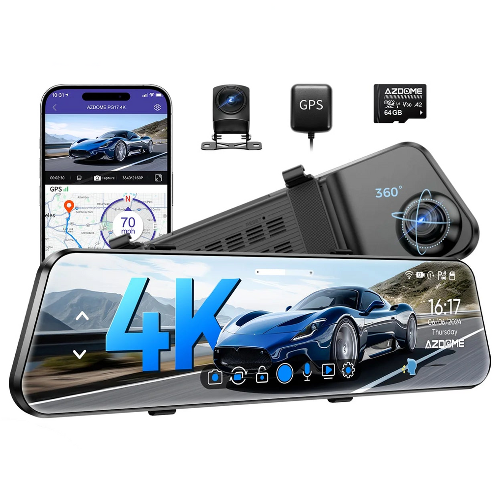 Voice-Control 4K Mirror Dash Cam with 360-degree rotating front lens, rear backup camera, GPS module, 64GB microSD card and smartphone app