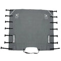 Grey Caravan Front Towing Cover laid flat with reflective strips, clear window panels and adjustable side straps