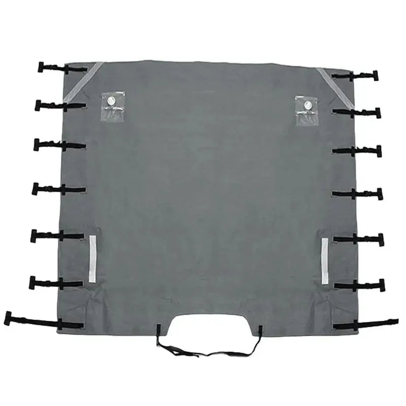 Grey Caravan Front Towing Cover laid flat with reflective strips, clear window panels and adjustable side straps