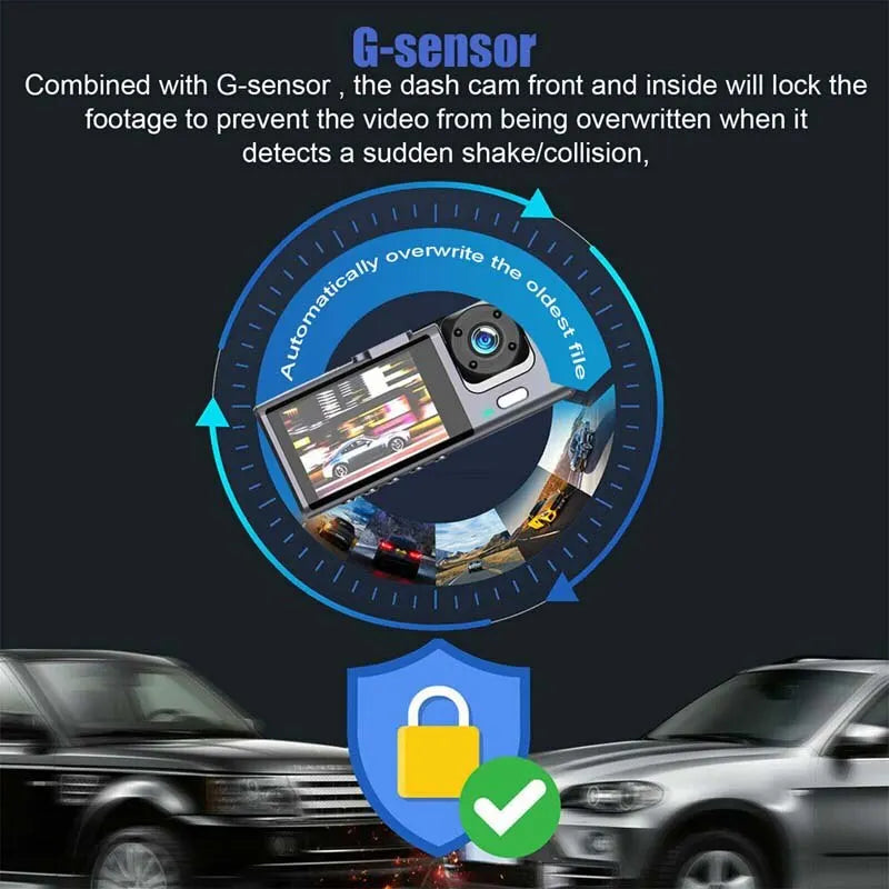 3-Camera Dash Cam g-sensor collision detection feature preventing footage from being overwritten