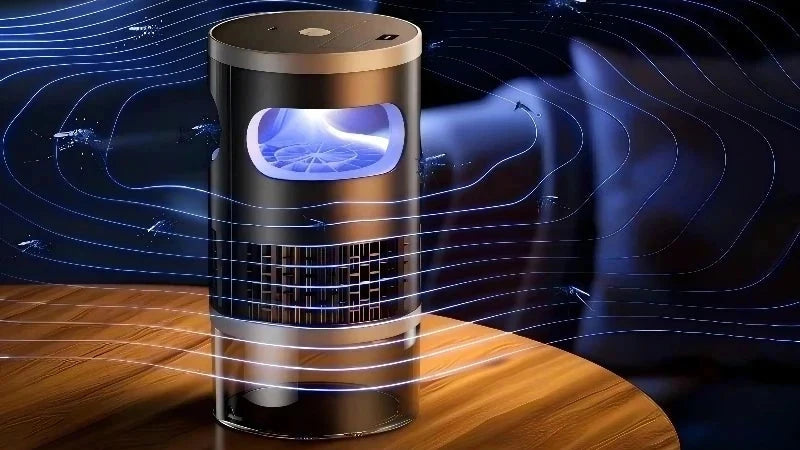 Lenovo mosquito eradication device with features listed on a dark background