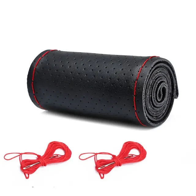 DIY Leather Steering Wheel Cover in black leather with red stitching, perforated design, rolled for storage