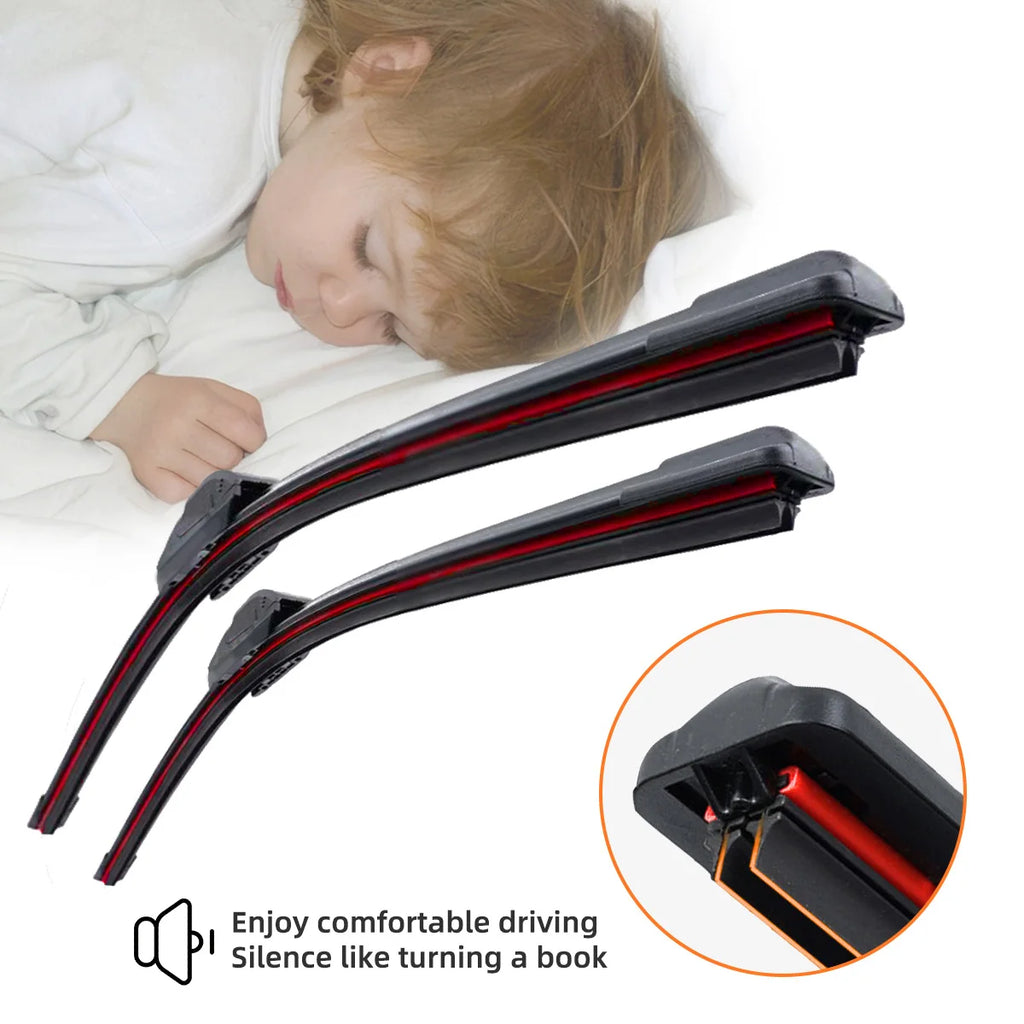 Universal Beam Windscreen Wiper Blade shown beside a sleeping child illustrating silent, comfortable operation