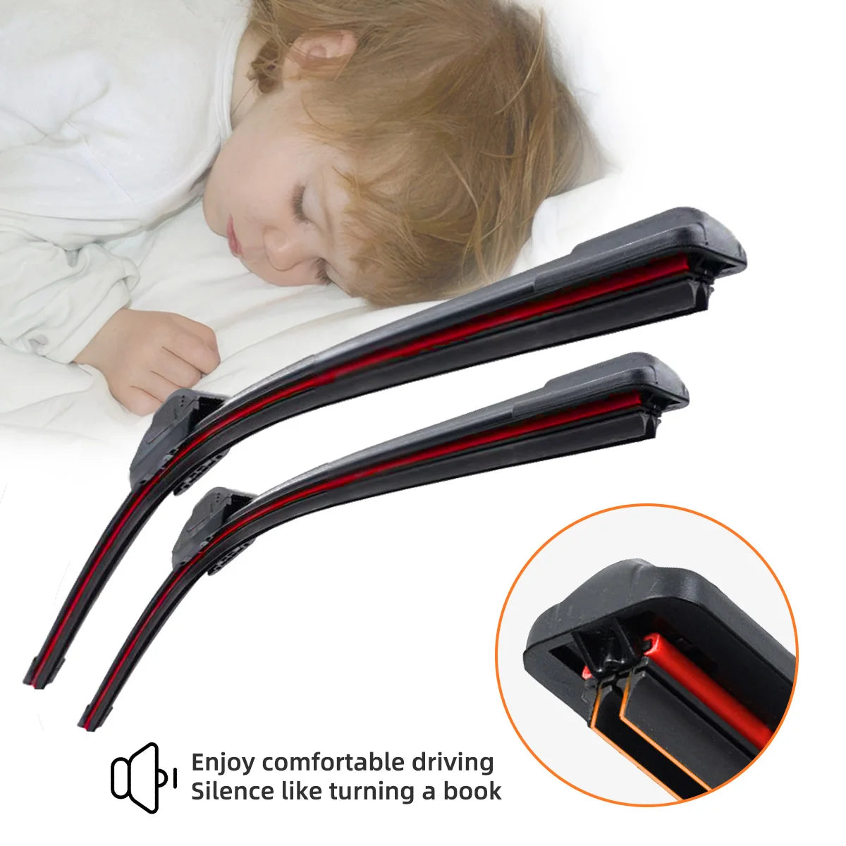 Universal Beam Windscreen Wiper Blade shown beside a sleeping child illustrating silent, comfortable operation