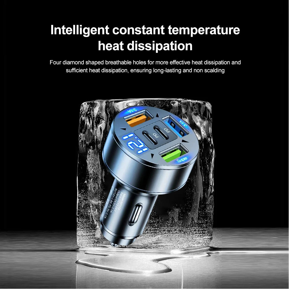 5-Port Fast Car Charger placed in an ice block illustrating intelligent constant temperature heat dissipation venting