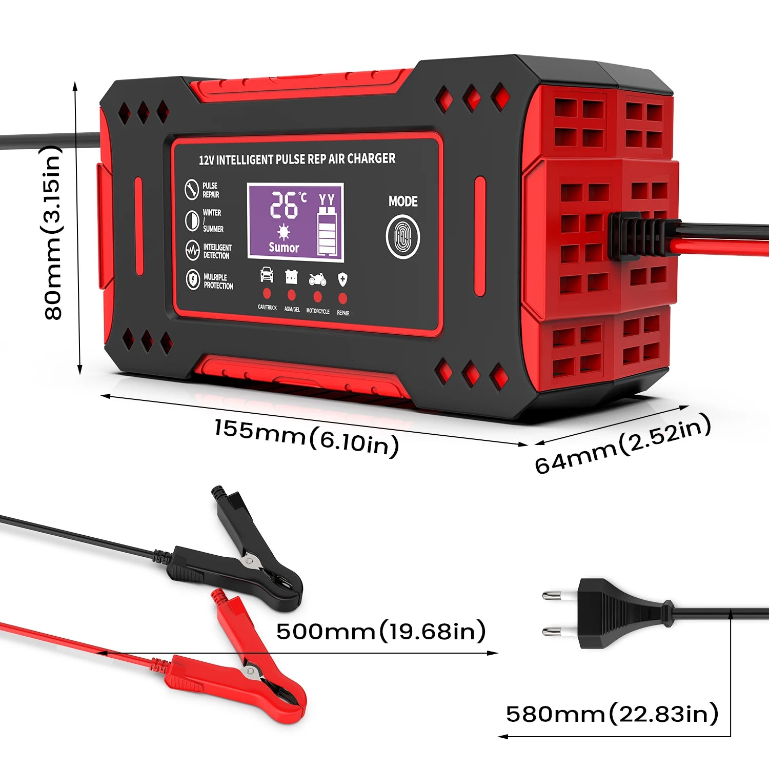 Diagram showing the smart battery charger dimensions and cable lengths in millimetres and inches
