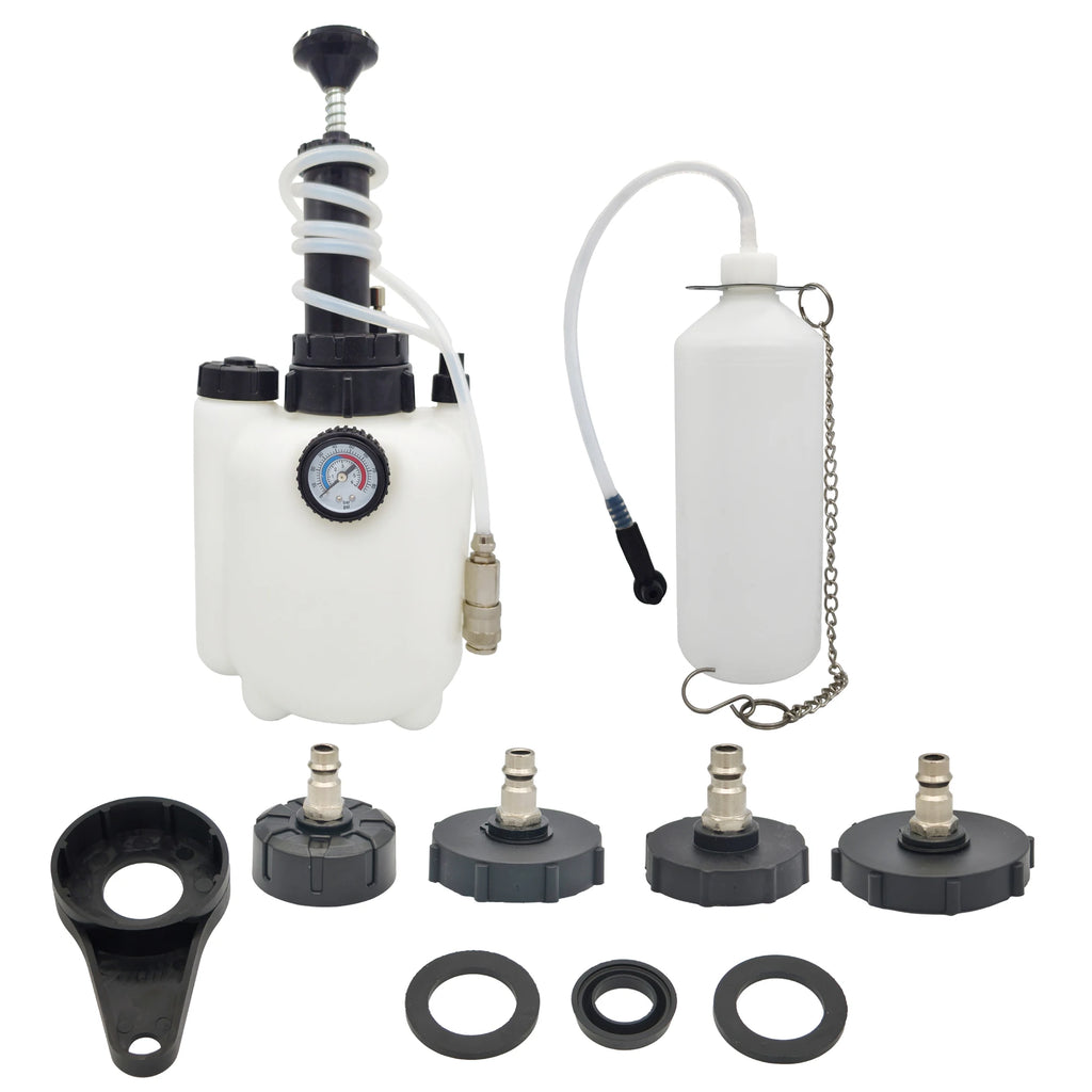 Vacuum Brake Bleeder hand pump with pressure gauge, waste oil collection bottle, four master cylinder adapter caps and seal rings