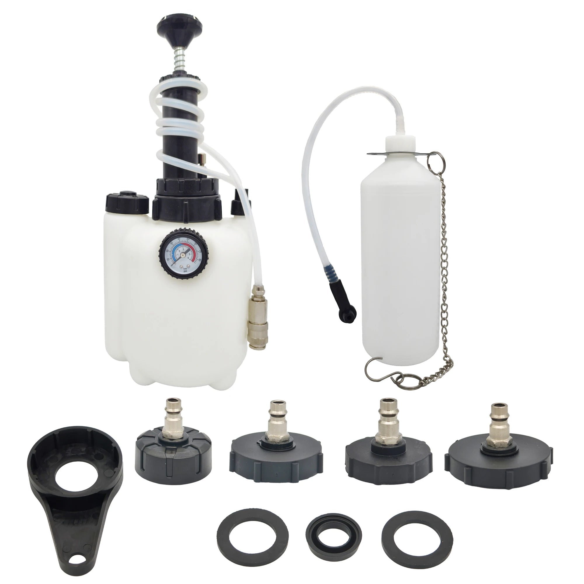 Vacuum Brake Bleeder hand pump with pressure gauge, waste oil collection bottle, four master cylinder adapter caps and seal rings