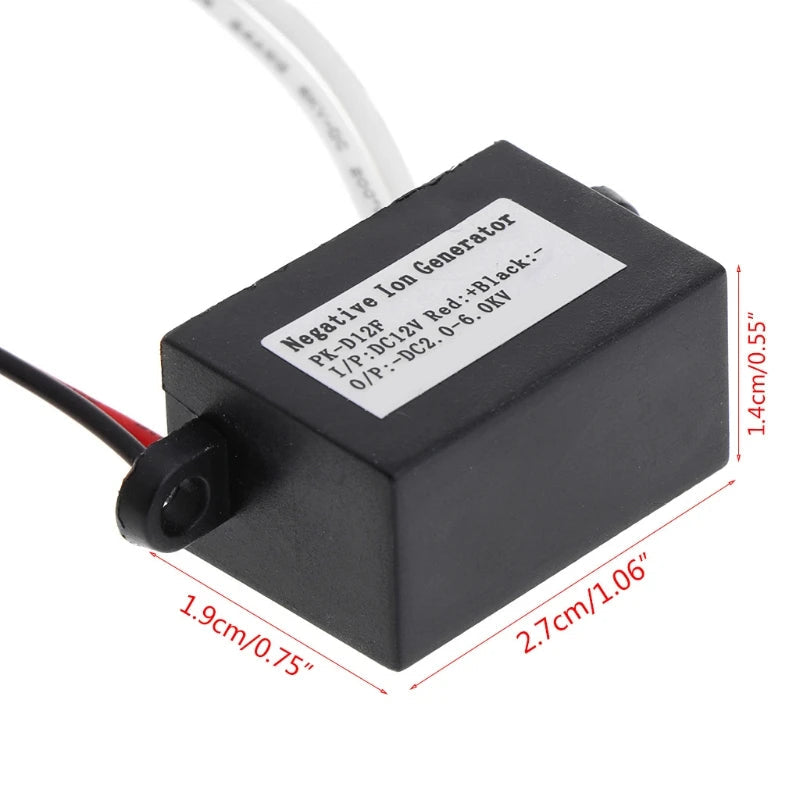 Negative ion generator module for the compact car air ionizer shown with measurement labels of 1.9cm width, 2.7cm length and 1.4cm height