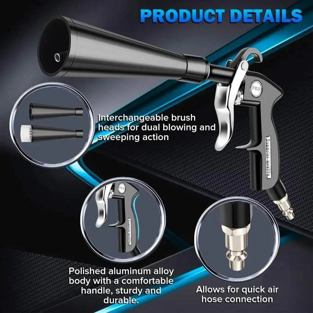 Product detail diagram of the air blow gun's interchangeable brush heads, aluminium alloy body and quick-connect fitting