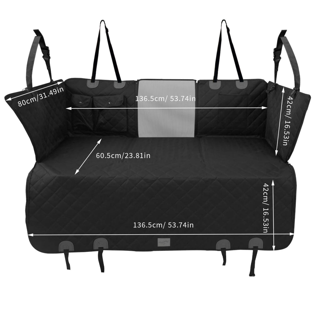 Tri-Board Dog Seat Extender dimension diagram showing 136.5 cm width, 60.5 cm depth and 42 cm side flap height