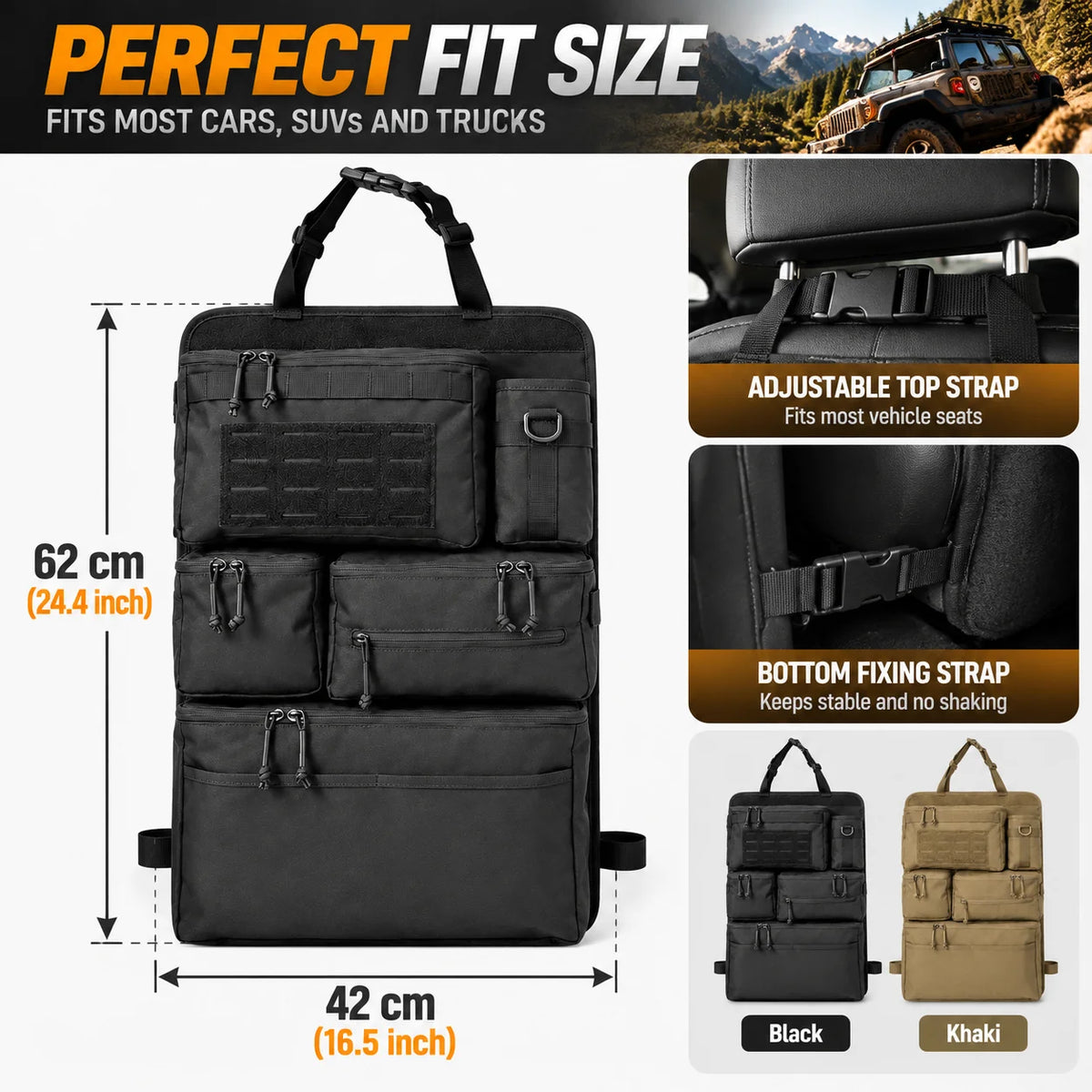 Tactical Seat Back Organiser dimensions 62 cm by 42 cm with headrest and bottom strap close-ups and black and khaki colour options
